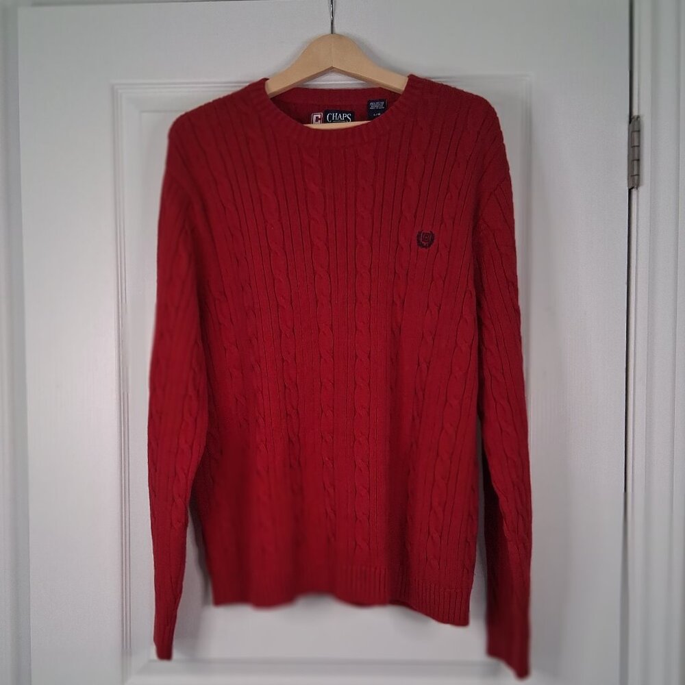 Chaps Ralph Lauren Sweater Mens L Red Cable Knit Cotton Chunky Crewneck Pullover